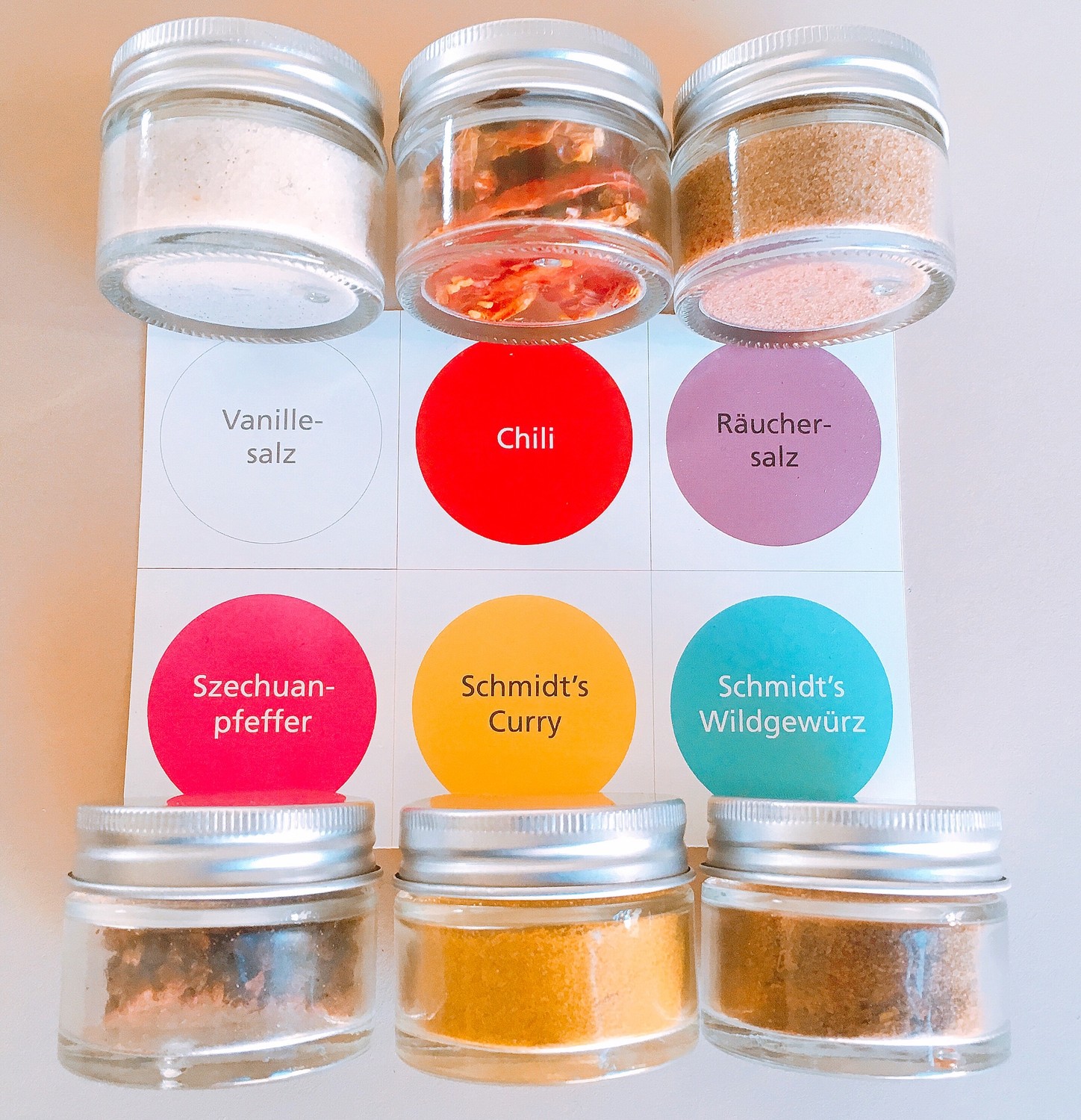 Sechs kleine Glasdosen der „Schmidt’s Gewürzbox 1“ stehen in zwei Reihen auf einer Karte mit farbigen Labels. Enthalten sind: Vanillesalz, Chili, Räuchersalz, Szechuanpfeffer, Schmidt’s Curry und Schmidt’s Wildgewürz – eine ausgewählte Gewürzmischung aus der Küche des Schmidt’s Restaurant Dresden.